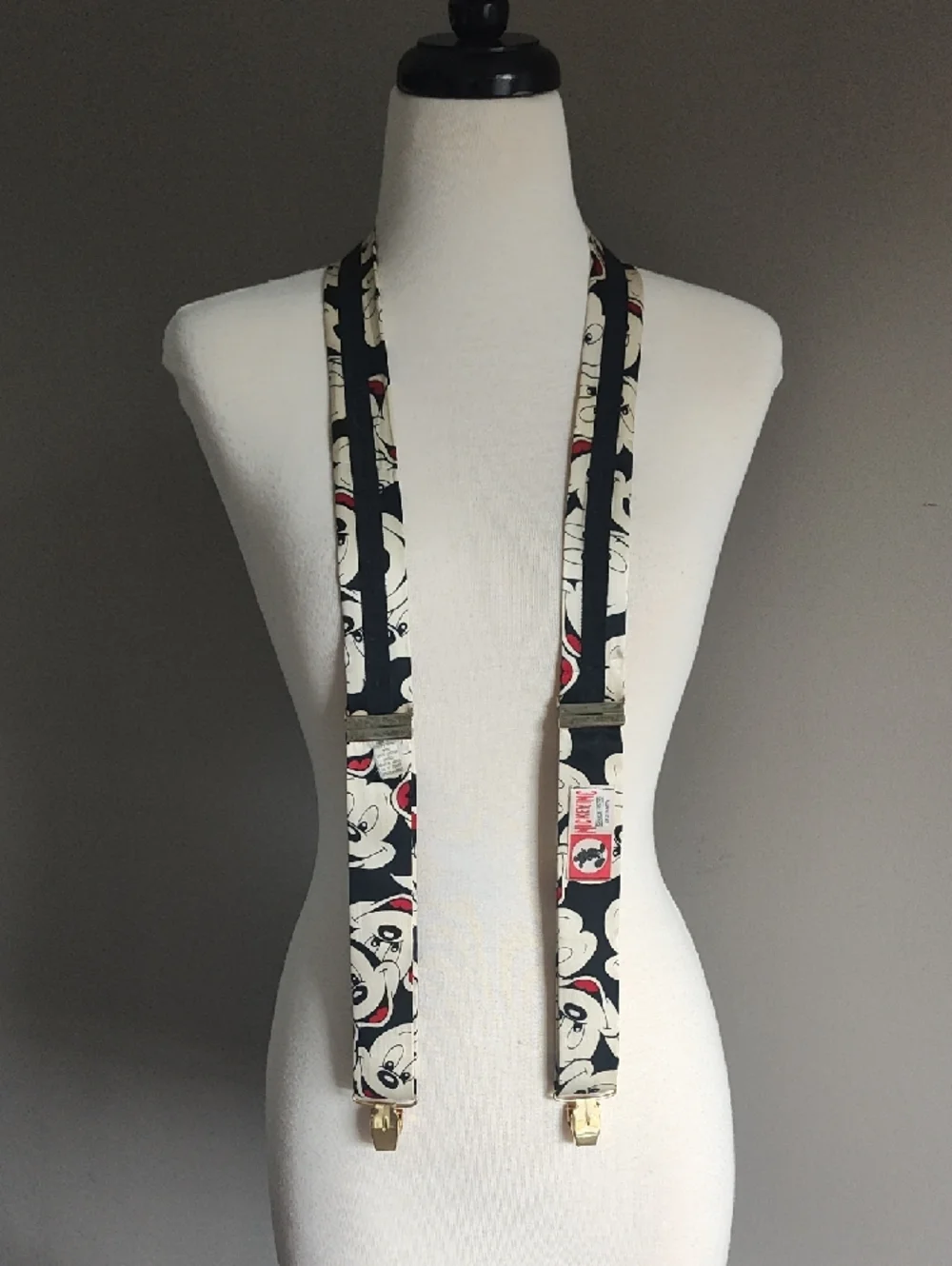 Disney Vintage Black Red and Cream Silk Mickey Print Suspenders with Gold Accent - Picture 6 of 10